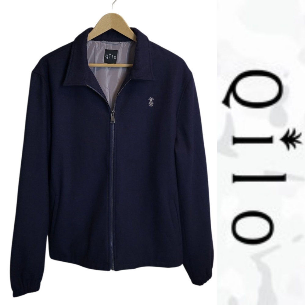 Qilo Wool Blend Preppy Bomber Jacket in Navy Blue